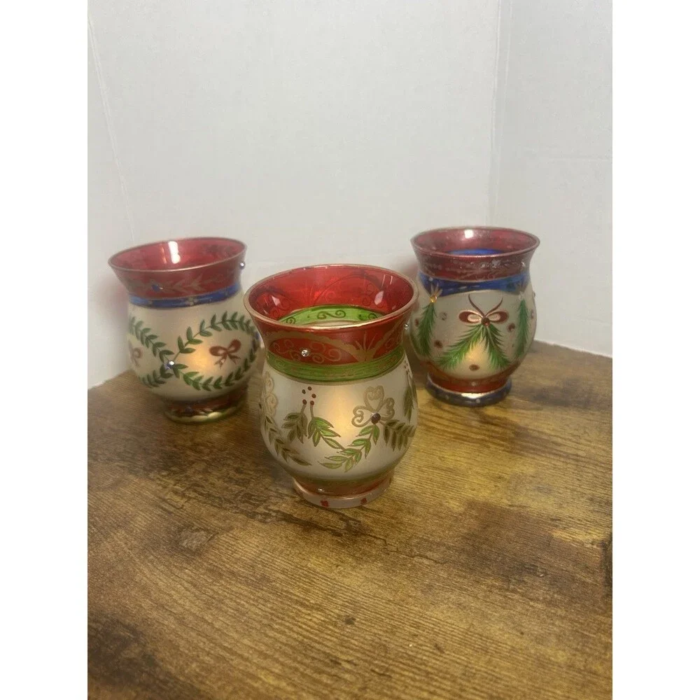Vintage 2004 Christmas Glass Candle Holder Cups Set of 3 4” Hand Painted